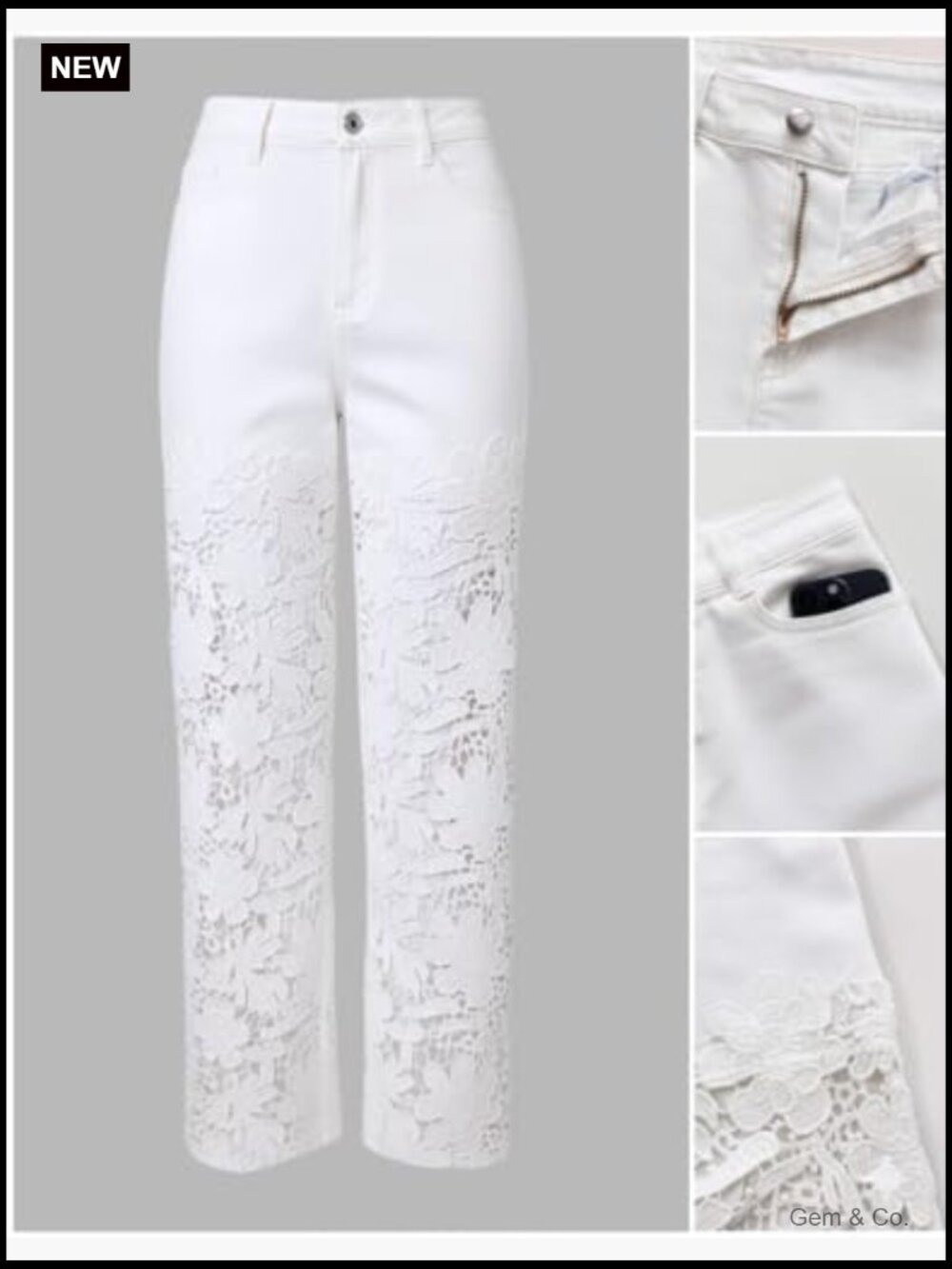 High Waist Wide Leg Jeans Lace Spliced Stretchy Pockets - Picture 5 of 7